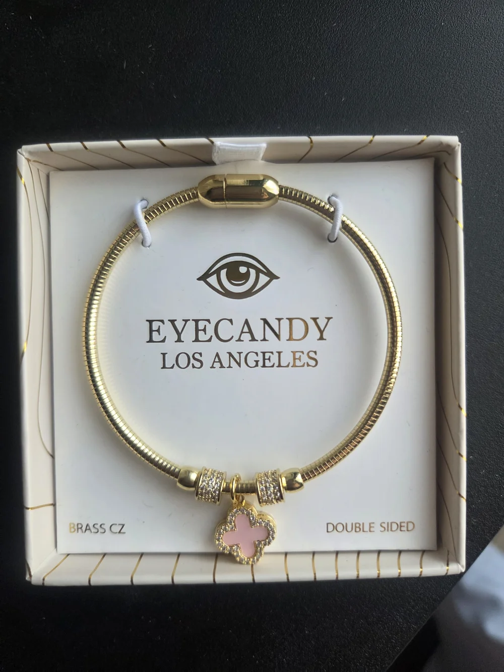 Gold Bracelet with Pink Clover Charm